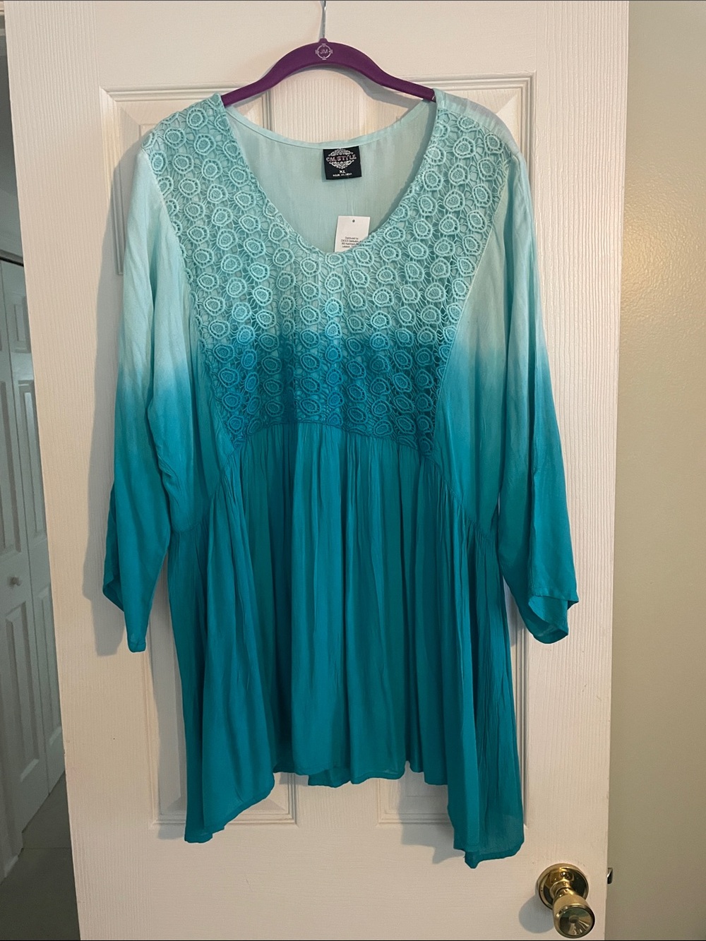 Cal Style Boho Tie Dye Ombré Crochet Yoke Tunic Blouse - Size XL